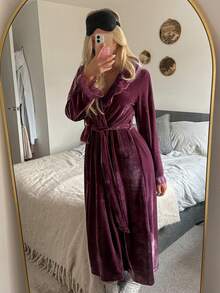 DAZY Women's Long Velvet Lace Trim Robe, Autumn/Winter - Purple - View 5
