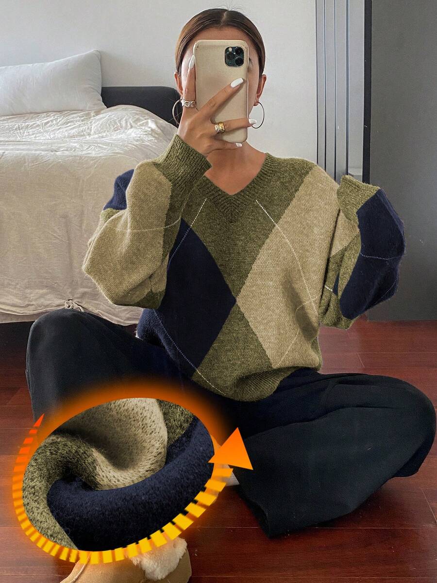 DAZY Suéter Feminino de Gola Careca de Manga Longa e Caimento Folgado com Estampa Xadrez - Verde - Visão 1