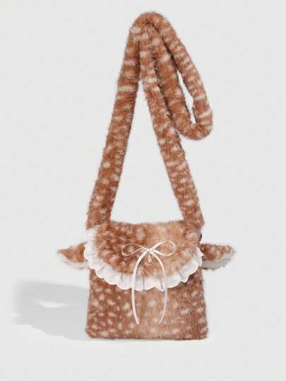 Kawaii 1pc Cute Girl's Plush Shoulder Bag, A Fall And Winter Plush Little Deer Single Shoulder Bag, A School Girl's Autumn And Winter Christmas Deer Bag