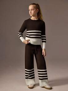 SHEIN 2pcs/Set Girls Sweater Set,Brown Striped Autumn Casual Crew Neck Top&Wide Leg Pants,Back-To-School Holiday Korean Style Fashionable Color Block Trim - Coffee Brown - View 3