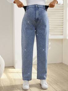SHEIN Maternity Fashionable Casual Elastic Waist Rhinestone Embellished Jeans - Light Wash - View 4