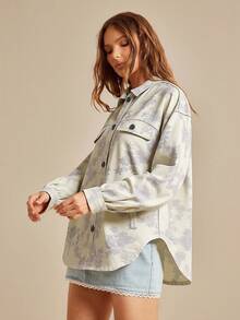 WESTFADE Floral Print Collared Button Front Long Sleeve Oversized Denim Jean Shirt Jacket Shacket Fall Back To School Country Concert - Yellow - View 4