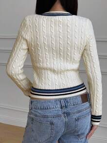 Jersey de punto de cable con bordado y ribete a rayas para chicas adolescentes, uso casual diario - Blanco - Ver 3