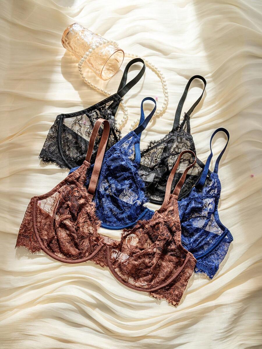 3pcs/Set Women's Lace Underwire Soft Cup Plus Size Bras - Multicolor - View 1
