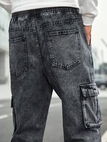 Manfinity Homme 男款棉質拉鍊口袋束腰貨物牛仔褲，寬鬆款洗水牛仔運動褲，純色深灰色健身訓練友 - 深灰色 - 查看 7