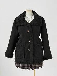 Sweetra 大码新款优雅鹿绒保暖双面长袖短外套，中长款，加厚，双面可穿，冬季款 - 黑色 - 查看 7