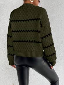 SHEIN LUNE Striped Pattern Contrast Color Crew Neck Casual Long Sleeve Pullover Sweater - Army Green - View 2