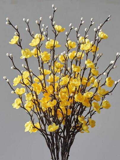 SHEIN Basic living 1/4/8/12Pcs Artificial Flowers Yellow Plum Blossom 21.7'' Fake Winter Sweet Long Stem Plastic Flowers Home Hotel Office Wedding Party Garden Decor