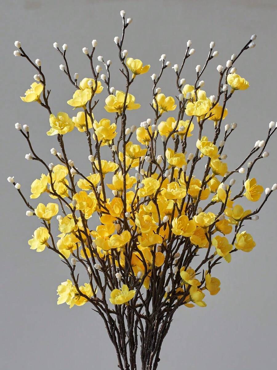 SHEIN Basic living 1/4/8/12Pcs Artificial Flowers Yellow Plum Blossom 21.7'' Fake Winter Sweet Long Stem Plastic Flowers Home Hotel Office Wedding Party Garden Decor - 黃色 - 查看 1