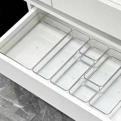 Bộ 6/7 hộp đựng đồ trong suốt, hộp đựng mỹ phẩm, hộp chia ngăn bàn làm việc để đựng đồ trang điểm, văn phòng phẩm và các vật dụng linh tinh, đồ dùng mùa hè cho nữ, quà tặng sắp xếp đồ đạc.