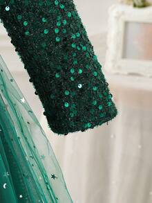 Tween Girl Elegant Sequin Patchwork Bow Decor One Shoulder Dress - Green - View 4