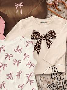 SHEIN Bộ 4 chiếc/Bộ màu trắng kem, kem be, kem hồng, nơ da báo cổ điển, nơ chấm bi mini họa tiết thường ngày, áo thun dài tay ấm áp cổ tròn, thích hợp mặc hàng ngày vào mùa thu/đông, thoải mái dễ chịu, nhiều lớp áo mùa thu & đông cho bé gái, trẻ em sành điệu, trang phục thường ngày, áo thun họa tiết nơ trẻ em, quần áo mùa thu & đông, mùa thu sang trọng, thời trang mùa đông, phong cách mới - Nhiều màu - Xem 7