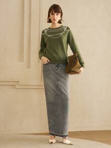 EMERY ROSE Women's Arctic Fleece Regular Fit Pearl Decorated Everyday Sweater    Sweater Winter Clothes - Green - View 8