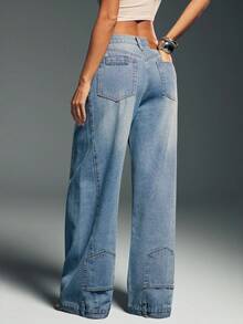 Denimoi 倒口袋下摆宽松阔腿牛仔裤 - 中等水洗藍 - 查看 2