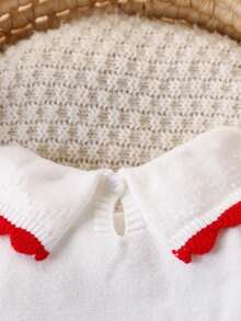 SHEIN Baby Girls Red And White Floral Embroidered Ruffled Collar Knit Jumpsuit,Cute Long Sleeve Sweater Romper With Footed Pants,Autumn Family Matching - Red - View 6