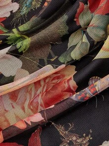 SHEIN MOD 女士印花褶皱灯笼袖鱼尾下摆优雅连衣裙，秋冬，新年，优雅，新年造型，圣诞节，下午茶派对，花园派对，女士早午餐装扮，节日派对连衣裙，女士印花连衣裙，长袖，鸡尾酒会礼服，女士节日装扮，情人节，乡村风，仙女风，服装 - 彩色 - 查看 5