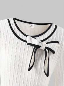 SHEIN 1pc Girls Contrast Color Collar Detachable Bow Long Sleeve Flare Cuff 3-Tier Casual Dress, Autumn - Apricot - View 4