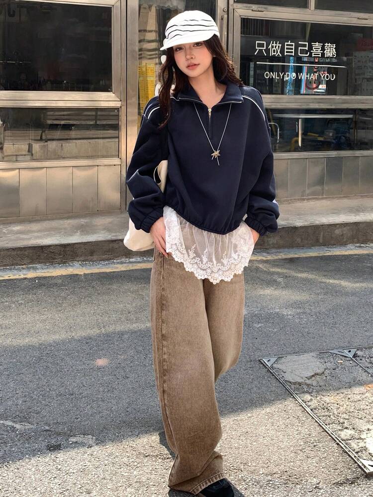 Women's Dropped Shoulder Long Sleeve Zip-Up Half Placket Casual Loose Sweatshirt, Autumn/Winter