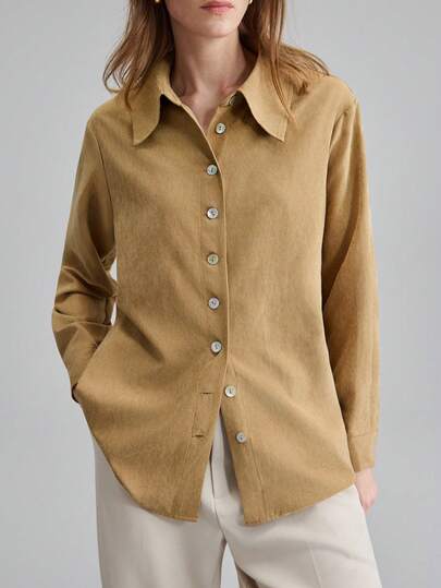 Ontre 2025 Autumn/Winter Elegant Woven Fabric Loose Shirt, Shell Button Placket, Business Casual, Office Commute, Daily Wear, Suitable For Halloween, Date, Party, Outing, Airport, Christmas