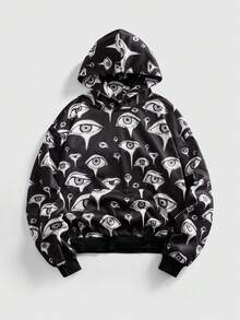 ROMWE MEN Anime Sudadera con capucha de moda para hombres con estampado de ojos oscuros, top de manga larga - Negro - Ver 1