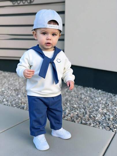 3 件男童可爱笑脸印花长袖运动衫、松紧腰裤、披肩套装，适合生日派对、晚会、表演、婚礼、返校、春秋冬