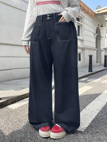 Rivivi Plus Size Women's Non-Stretch Jeans, Unique Design Casual Loose Straight Leg Jeans For Autumn, Versatile Cowboy Outfits For Women