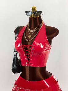 Amplova 2 件套亮面彩色 PU 系带吊带上衣和百褶迷你裙套装，时尚 Y2k 2 件套红色裙子套装