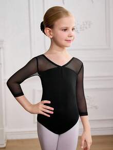 SHEIN Aktivbekleidung für Kleine Mädchen, Leotard, geeignet für Ballett, Schule, Training, Wettkämpfe, lässiger Alltag, modisches, dehnbares Mesh-Langarmdesign, bequeme und elastische Tanzsportbekleidung - Schwarz - Übersicht 4