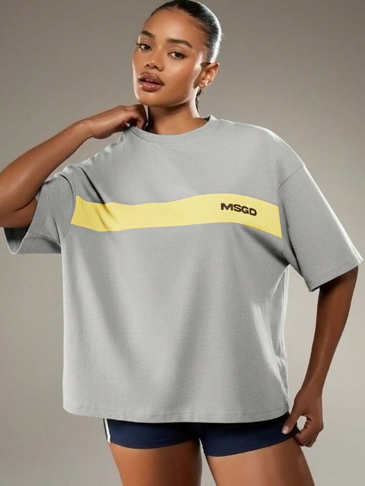 MISSGUIDED MSGD Oversized Boyfriend Tee With Chest Stripe Logo Print Casual Loose Fit Round Neck Short Sleeve Top