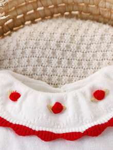 SHEIN Baby Girls Red And White Floral Embroidered Ruffled Collar Knit Jumpsuit,Cute Long Sleeve Sweater Romper With Footed Pants,Autumn Family Matching - Red - View 3
