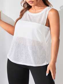 SHEIN Sports 大码女式纯色圆领宽松运动背心 - 白色 - 查看 4