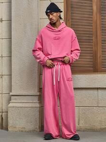 AXEPEAK 男士休闲宽松连帽衫和运动裤两件套 - 玫紅色 - 查看 4