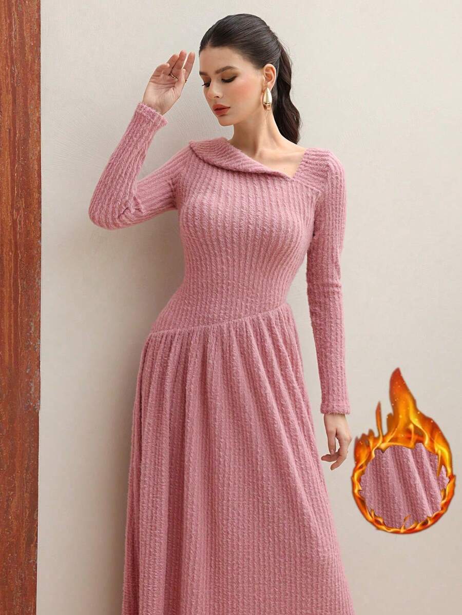 Modelyn Pink Party Elegant Asymmetrical Shoulder Long Sleeve Dress For Women - Pink - View 1