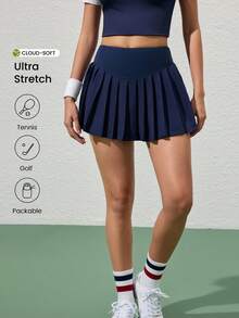 CourtClass 女士纯色高腰瑜伽运动百褶迷你裙 - 藏蓝色 - 查看 1