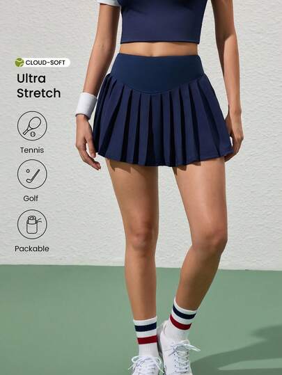 CourtClass Váy mini xếp ly tập yoga cạp cao màu trơn dành cho nữ