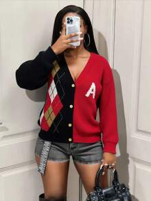 BamGleam Women's Sweater Open-Front Knit Long-Sleeved V-Neck Buttoned Lettered Navy Blue Red Contrasting Red White Khaki Checkered Pattern Regular Fit Casual Travel Vacation Party Women's Clothing For Spring Autumn Summer Winter Fall - Multicolor - View 3