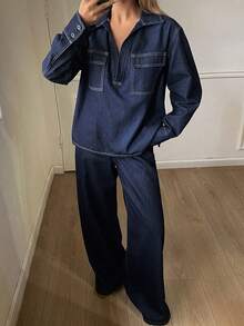 DAZY Women's Denim Collared Jacket With Large Pockets And Straight Leg Jeans Casual Denim Set - Dark Wash - View 2