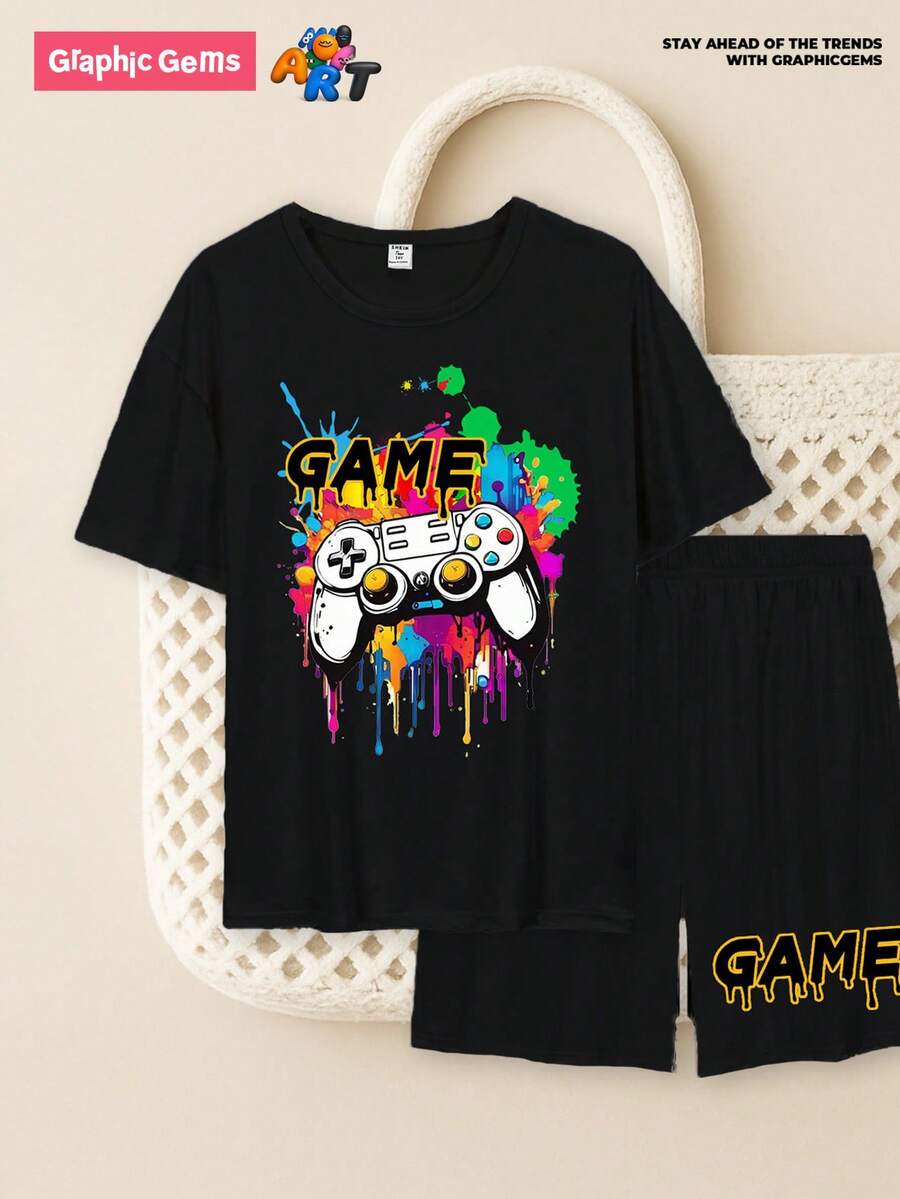 GraphicGems Conjunto de verano para adolescente con cuello redondo, mangas cortas y estampado sencillo