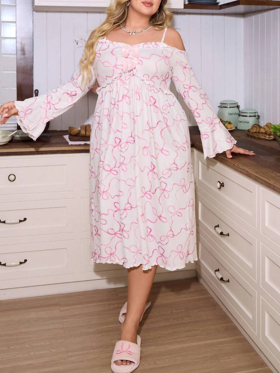 SweetSlumber 甜美柔软露肩蝴蝶结印花加大码睡裙，适合居家休闲穿着，秋冬季女士睡衣。 - 粉色 - 查看 1