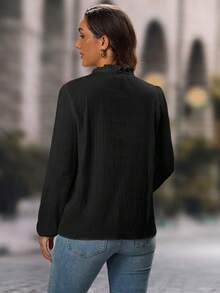 EMERY ROSE Women's Fashion Casual Mesh Embroidered Button Long Sleeve Shirt - Black - View 2