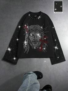 PAVTROS Herren Lässige Mode Street Strass Jesus Kreuz Muster Weite Langarm Loose Schwarzes T-Shirt, Frühling/Herbst