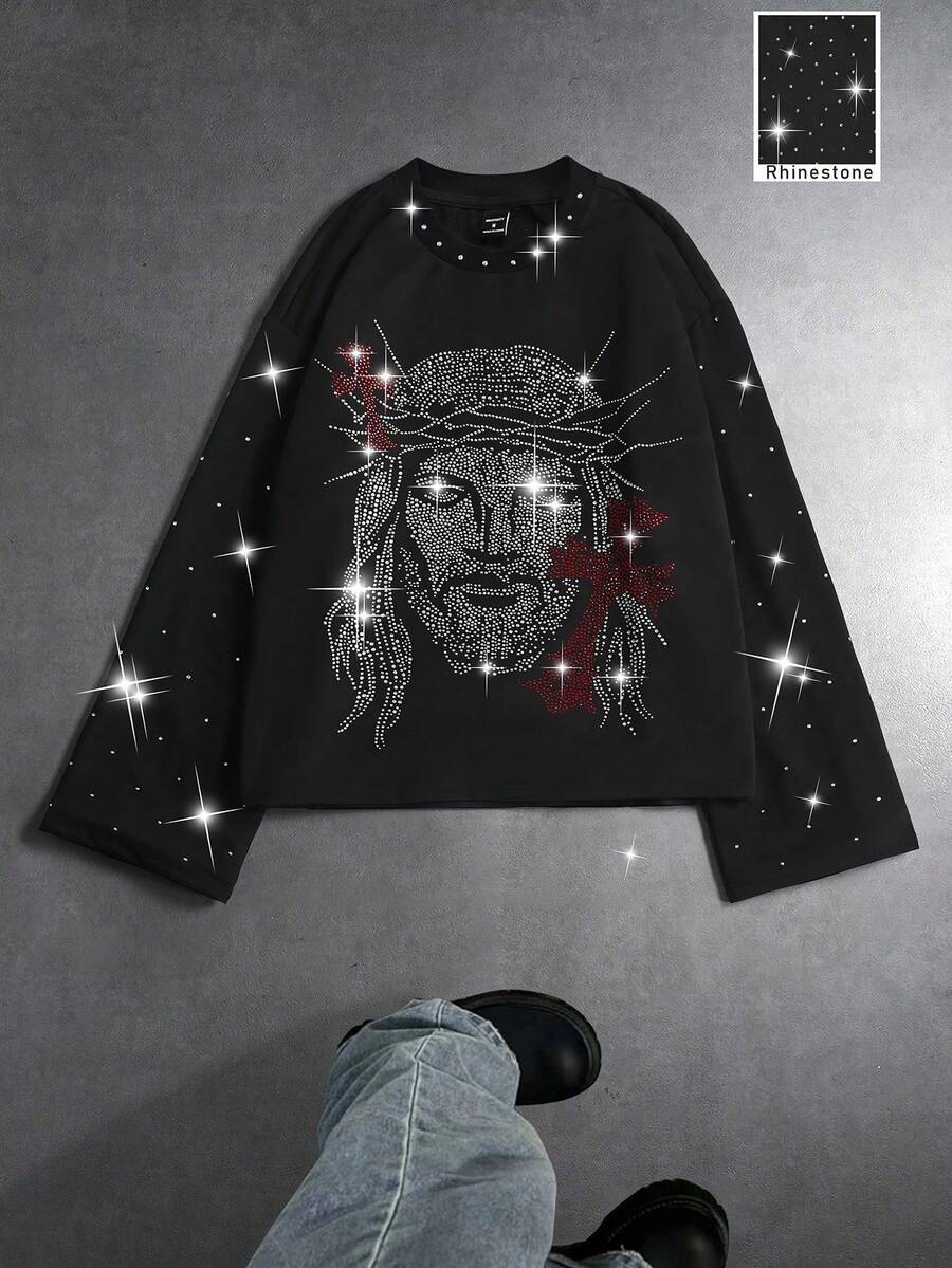 PAVTROS Herren Lässige Mode Street Strass Jesus Kreuz Muster Weite Langarm Loose Schwarzes T-Shirt, Frühling/Herbst