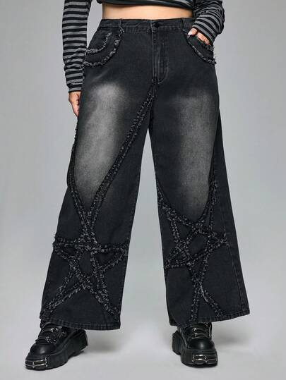 Goth Jeans in Große Größen für Damen im lässigen Grunge-Punk-Stil mit abgenutzter Fünf-Sterne-Optik, gerade geschnitten, Vintage-Waschung, Denimhose für Herbst/Winter