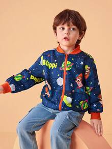 Blippi X SHEIN Young Boy Cartoon Graphic Contrast Trim Loose Fit Drop Shoulder Zip-Up Coat, Autumn/Winter - Blue - View 4