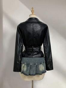 SHEIN Unity 女士秋冬黑色 PU 鳄鱼皮翻领纽扣设计腰带修身时尚优雅欧美别致夹克 - 黑色 - 查看 2