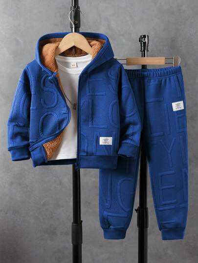 男童休闲纯色长袖保暖拉链外套和裤子套装（2件套），适合日常休闲户外穿着，秋冬季