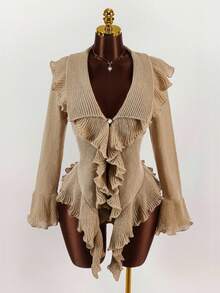 Y2K Amplova Women's Fashionable Sexy & Sweet Ruffle Flare Sleeve Cardigan, Autumn/Winter Thanksgiving And New Year, - Multicolor - View 3