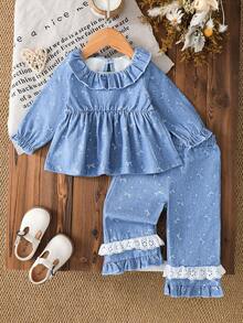 2pcs Baby Girls' Casual Cute Blue Bow Denim Effect Ruffle Collar & Hem 2 Pieces Set - Blue - View 4