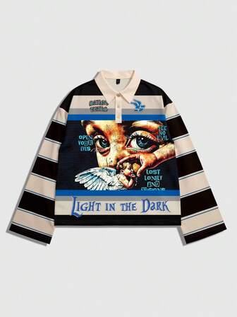 Street Life T-shirt imprimé à manches longues avec col rayé, style décontracté de type universitaire pour hommes