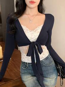 DAZY Women's Lace Patchwork Tie-Up Cropped Long Sleeve Top, Elegant & Sexy T-Shirt - Navy Blue - View 1